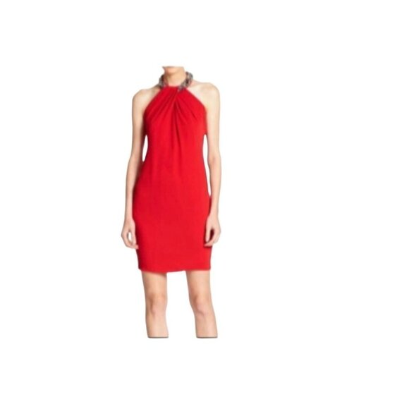 Carmen Marc Valvo Red Beaded Halter Sheath Short Dress Size 6 - Picture 1 of 10